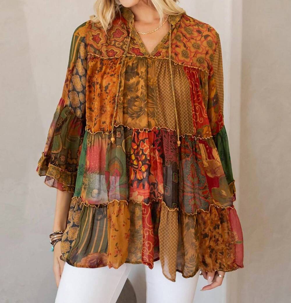 NEW YOUNG THREADS autumn breeze top in rust/mixed patterns
